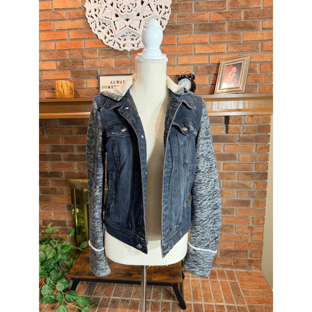 Free People Throwback Hooded Denim Jacket Mixed Media Knit Hooded Small